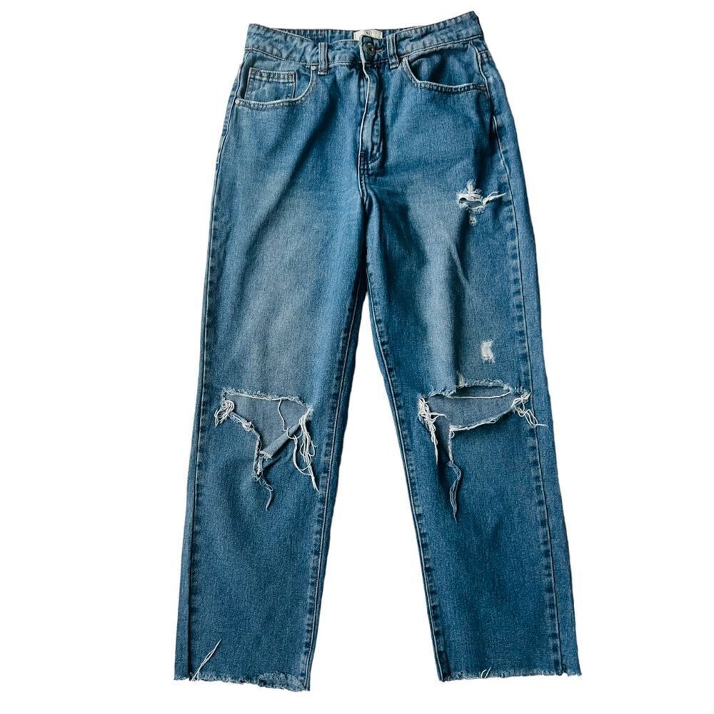 Cotton On Women Straight Leg Distressed Raw Hem High Waist Baggy Grunge Jeans 4